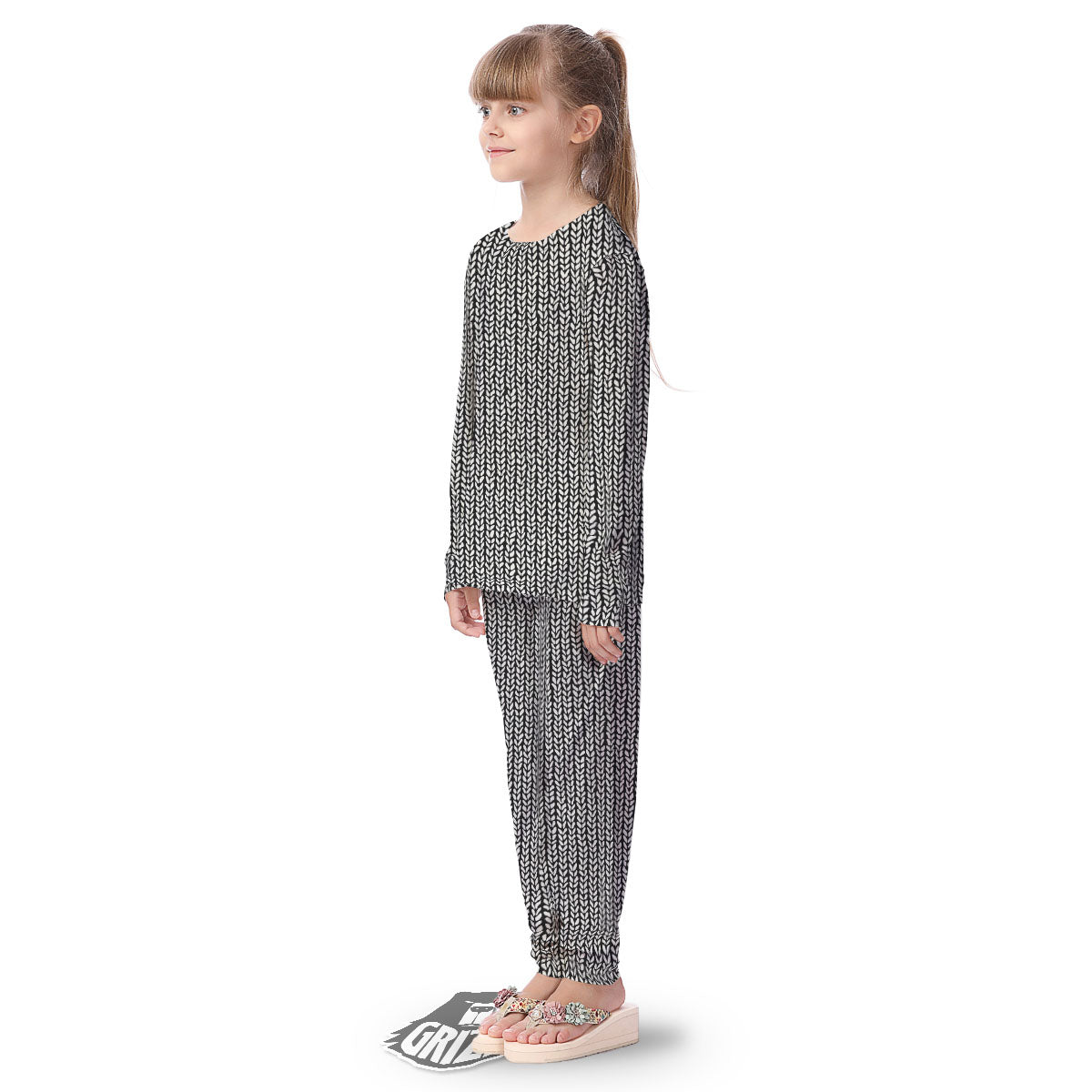 Knitted Texture White And Black Print Pattern Kid's Pajamas-grizzshop