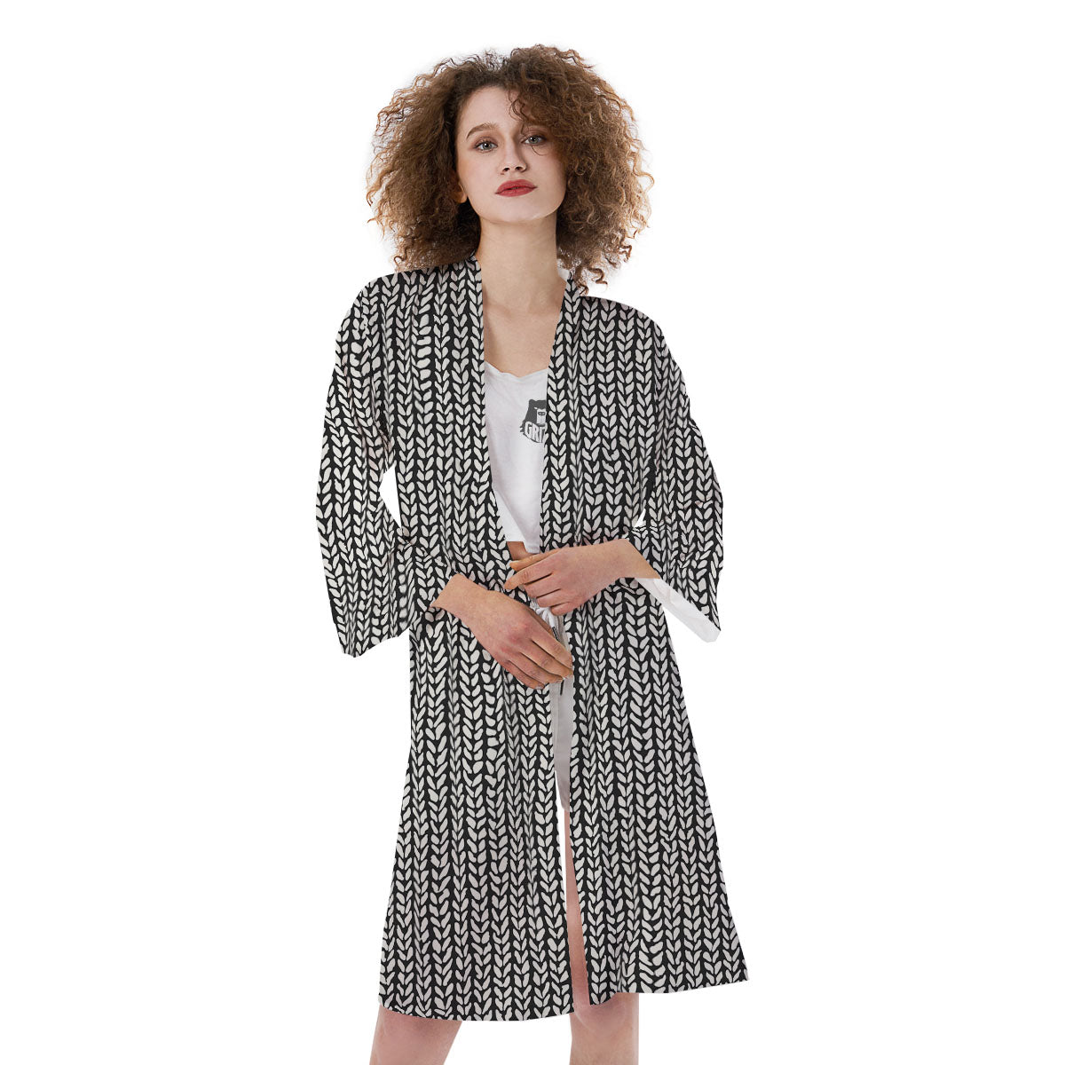 Knitted Texture White And Black Print Pattern Kimono-grizzshop