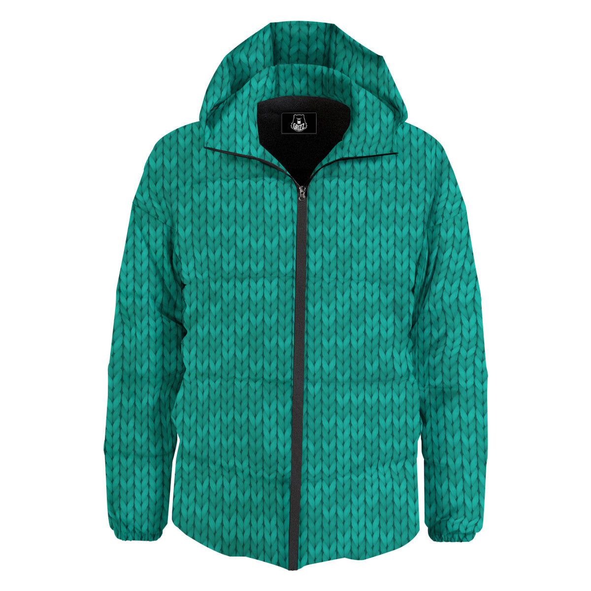 Knitted Turquoise Print Pattern Down Jacket-grizzshop