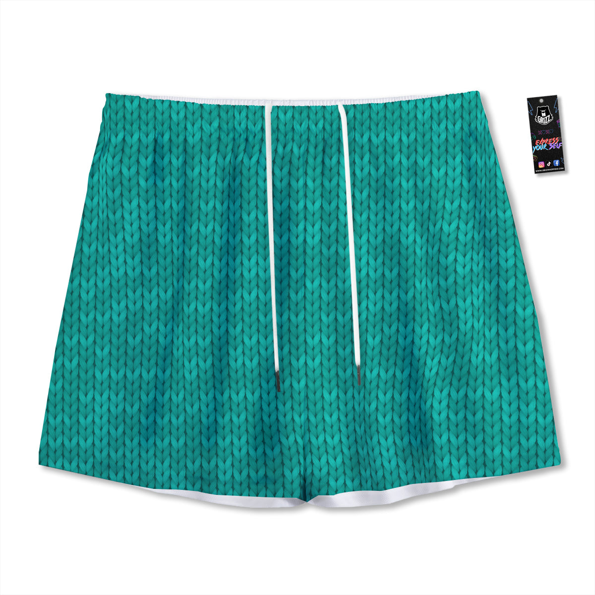 Knitted Turquoise Print Pattern Mesh Shorts