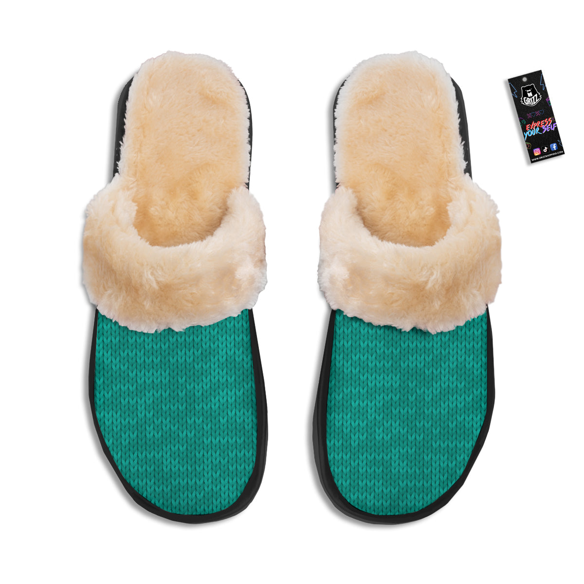 Knitted Turquoise Print Pattern Slippers-grizzshop
