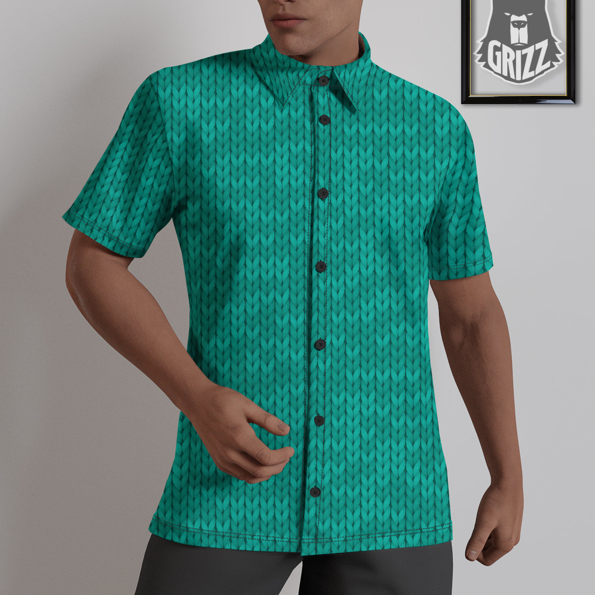 Knitted Turquoise Print Pattern Untucked Shirts-grizzshop