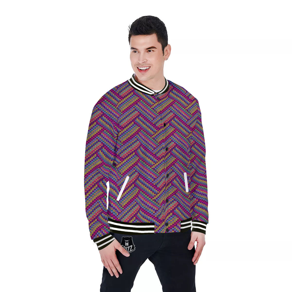 Knitted Vintage Print Pattern Baseball Jacket-grizzshop