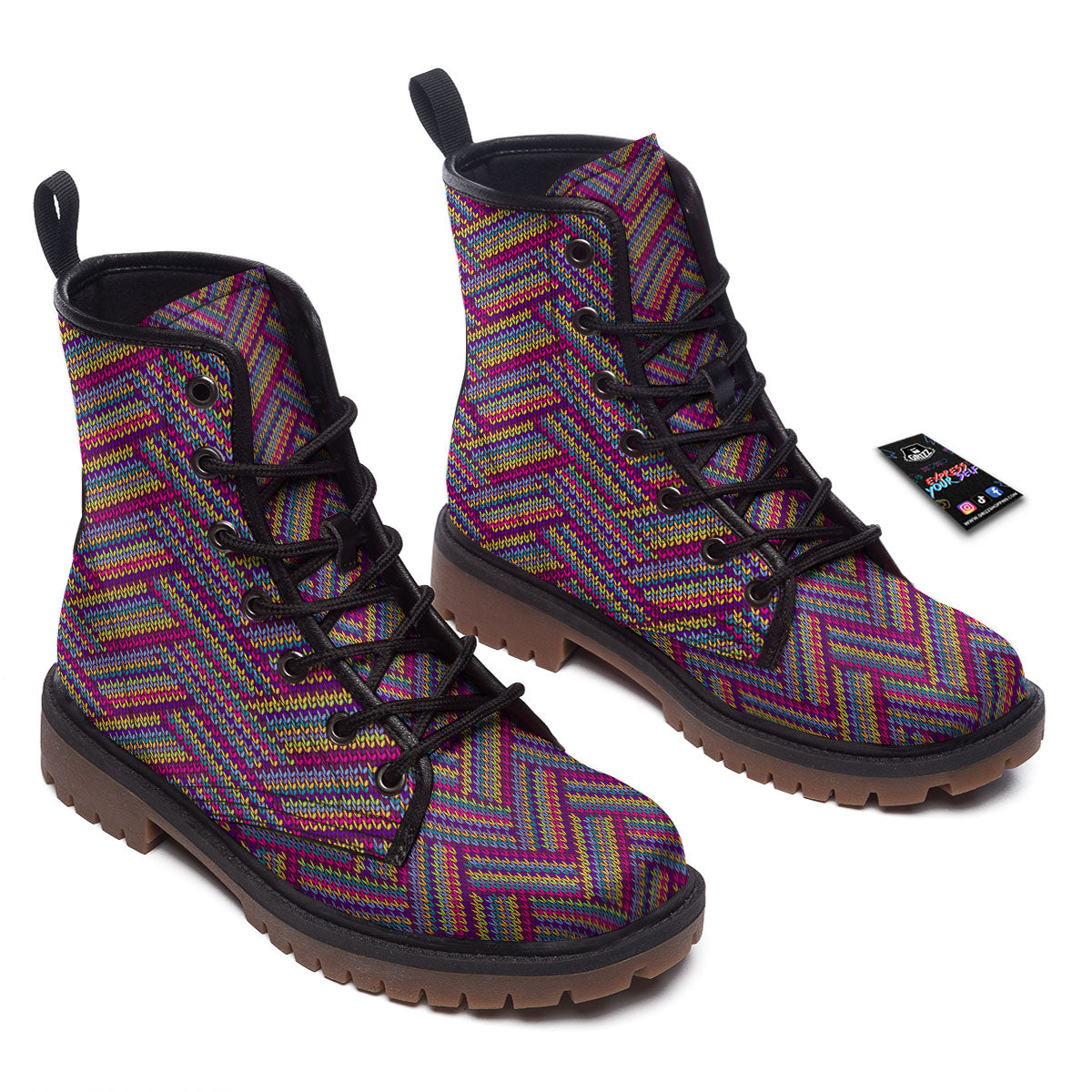 Knitted Vintage Print Pattern Work Boots-grizzshop