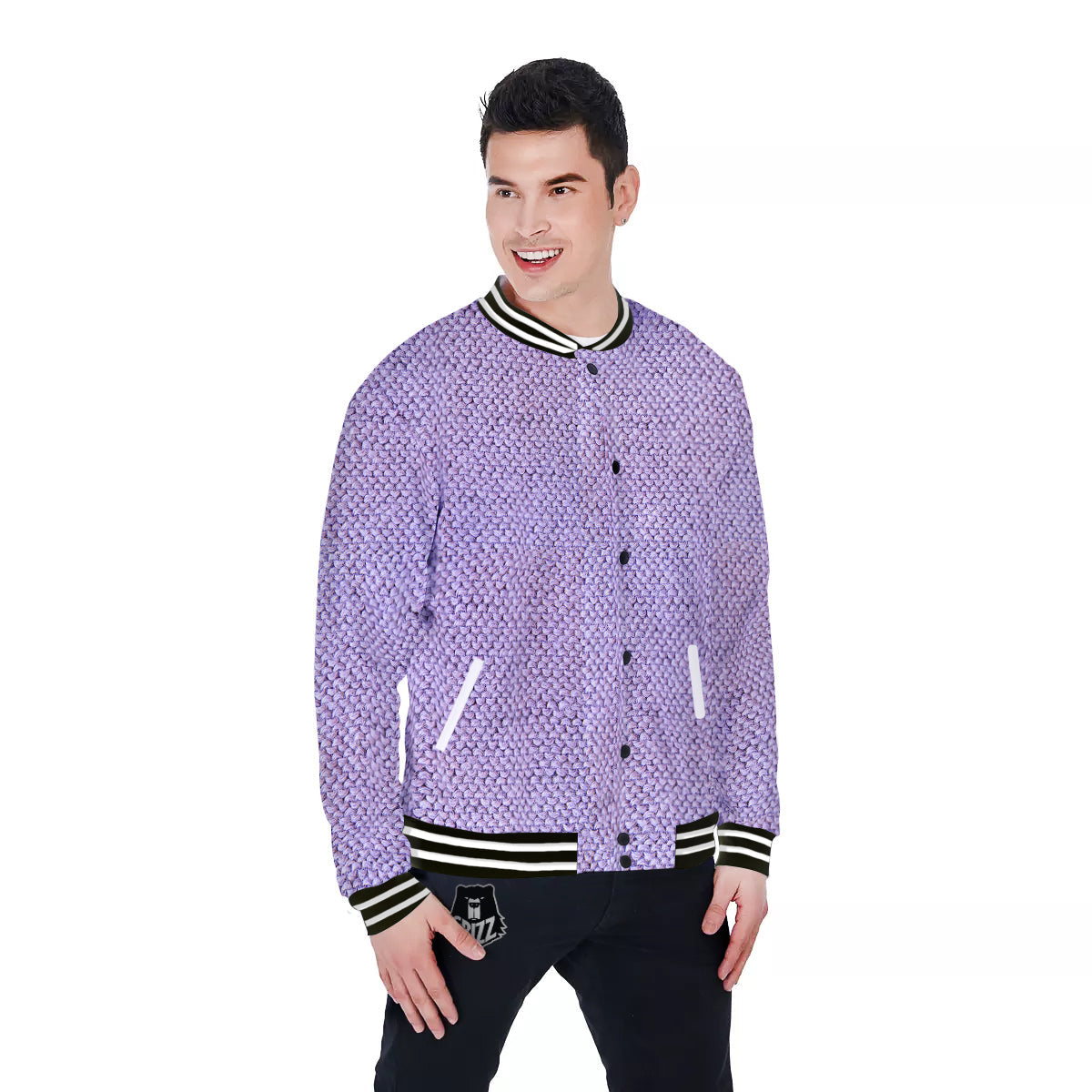 Knitted Violet Print Pattern Baseball Jacket-grizzshop