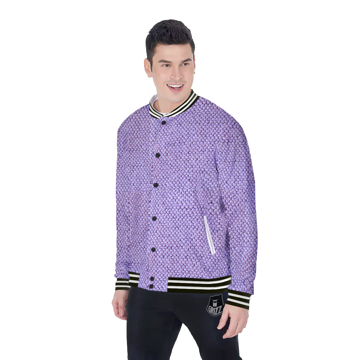 Knitted Violet Print Pattern Baseball Jacket-grizzshop