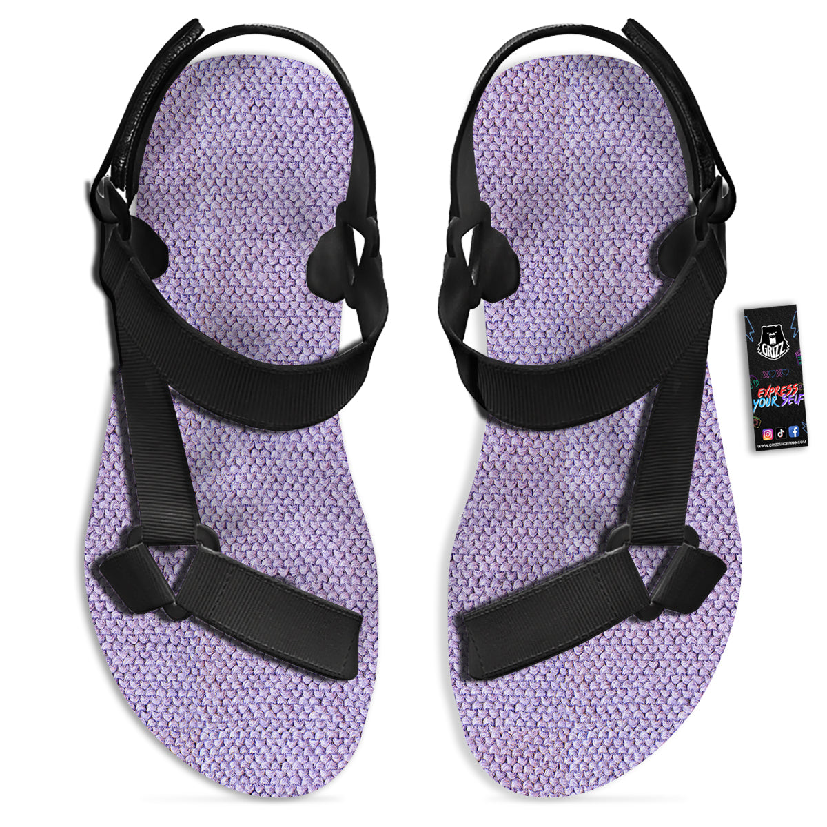 Knitted Violet Print Pattern Black Open Toe Sandals-grizzshop