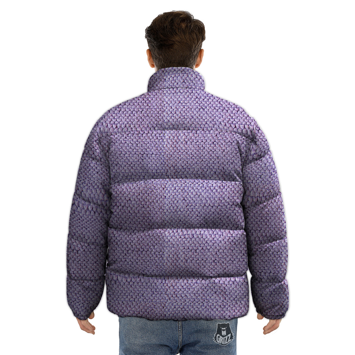 Knitted Violet Print Pattern Puffer Jacket-grizzshop