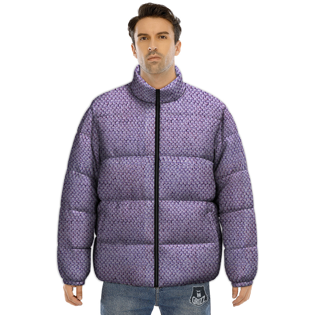 Knitted Violet Print Pattern Puffer Jacket-grizzshop