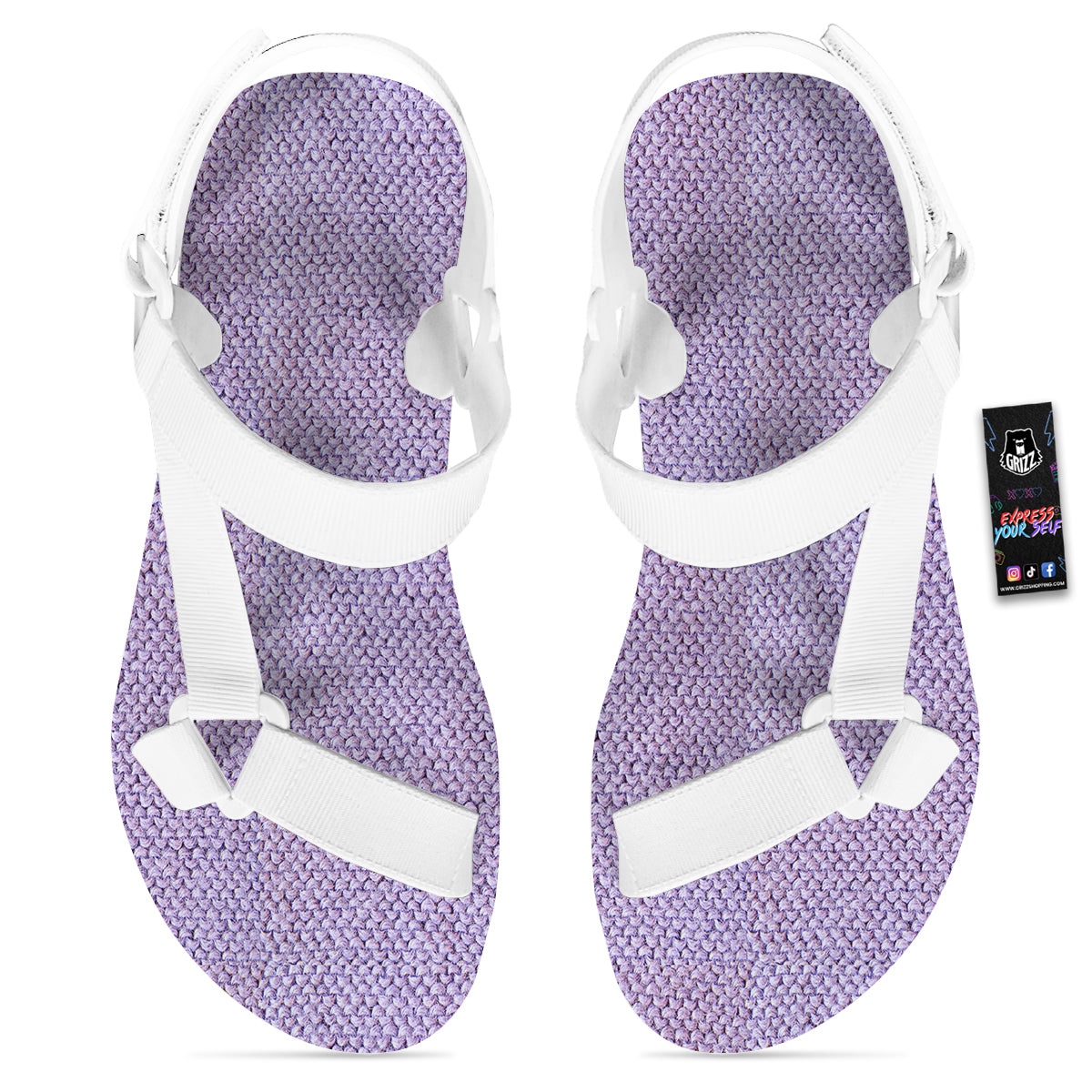 Knitted Violet Print Pattern White Open Toe Sandals-grizzshop