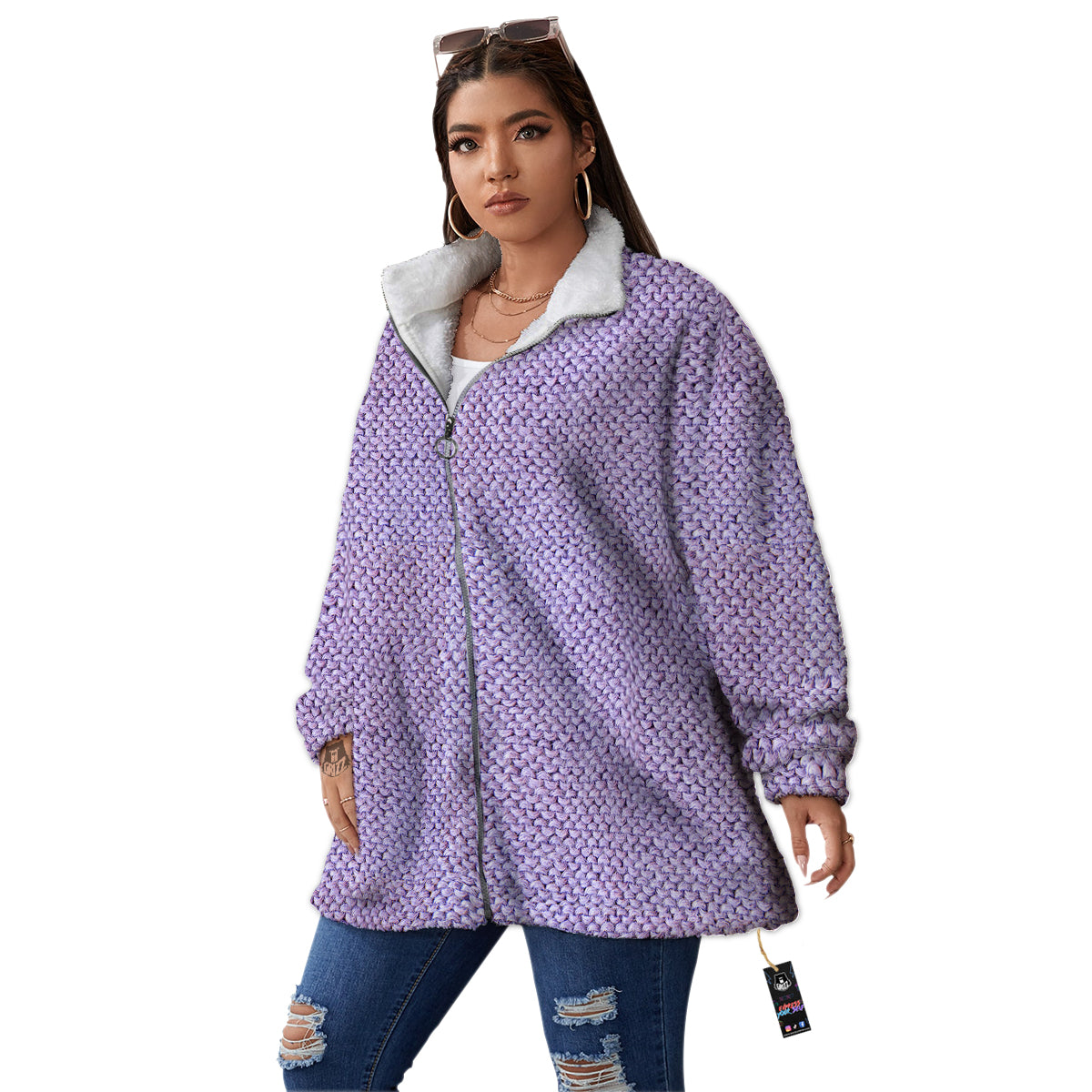 Knitted Violet Print Pattern Women's Sherpa Jacket-grizzshop