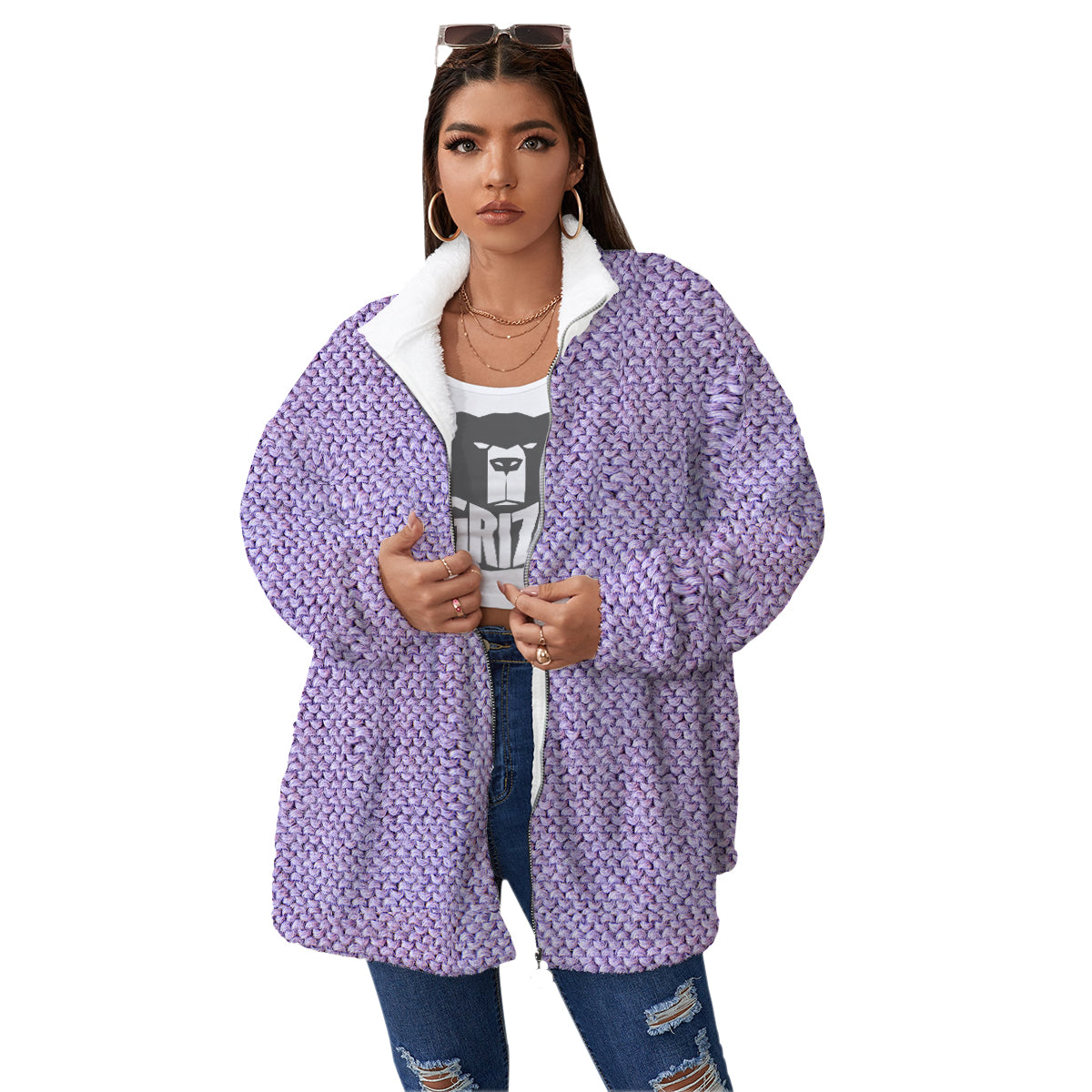 Knitted Violet Print Pattern Women's Sherpa Jacket-grizzshop