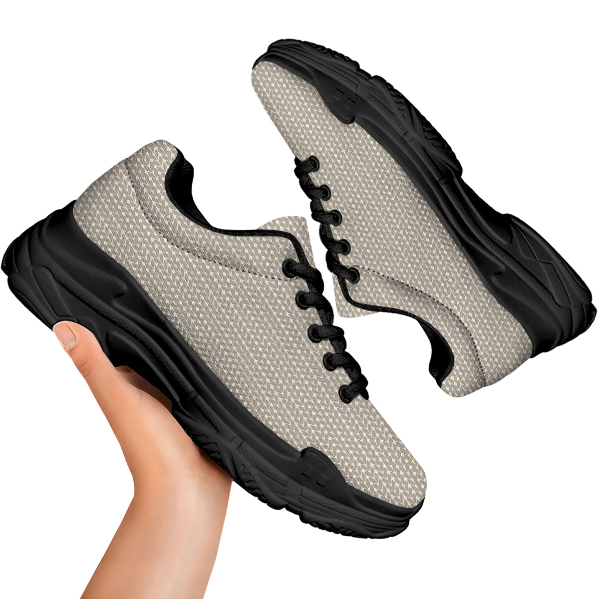 Knitted White And Beige Print Pattern Black Chunky Shoes-grizzshop