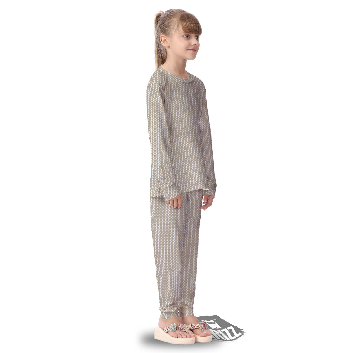 Knitted White And Beige Print Pattern Kid's Pajamas-grizzshop