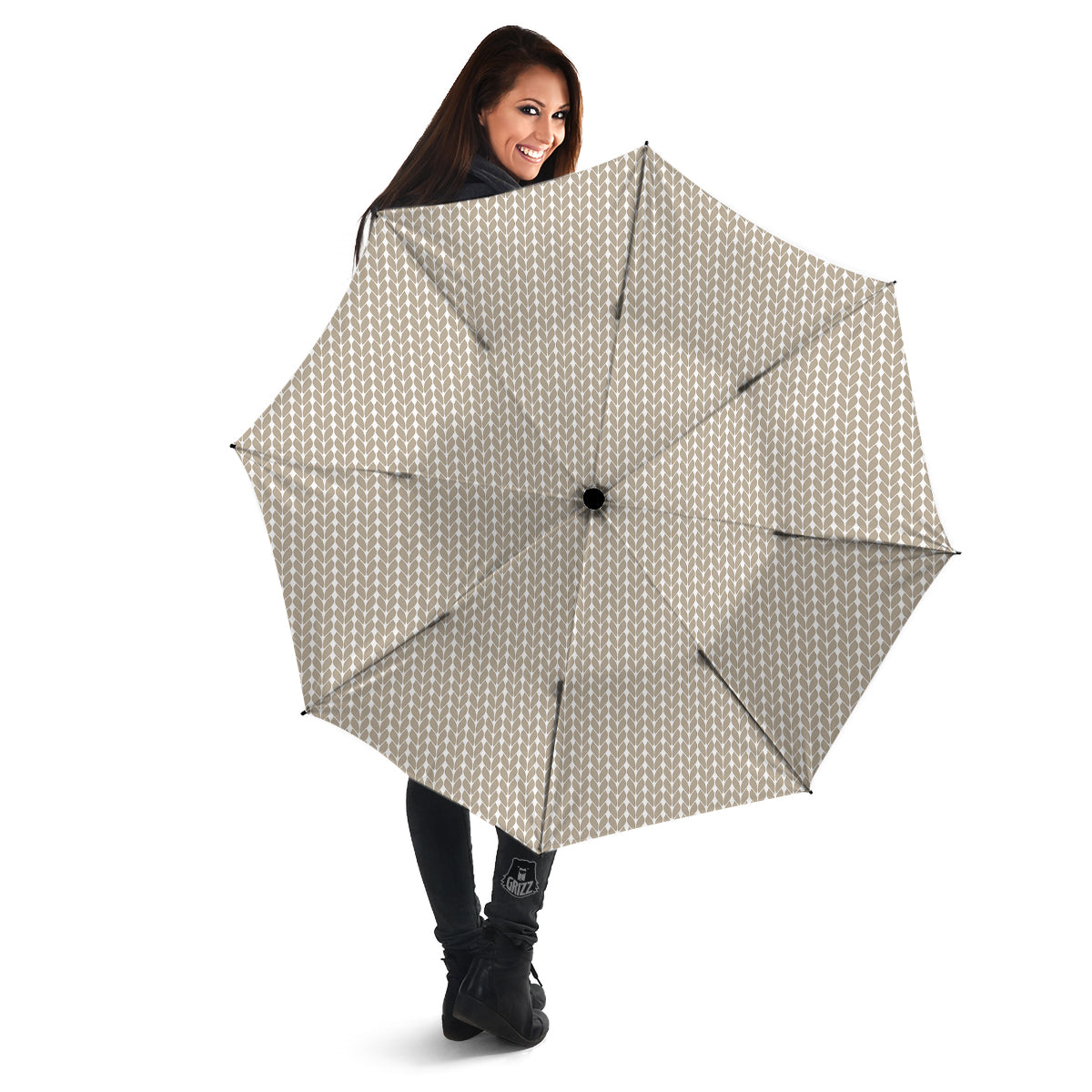 Knitted White And Beige Print Pattern Umbrella-grizzshop