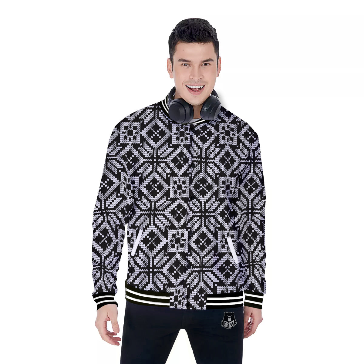 Knitted White And Black Print Pattern Baseball Jacket-grizzshop