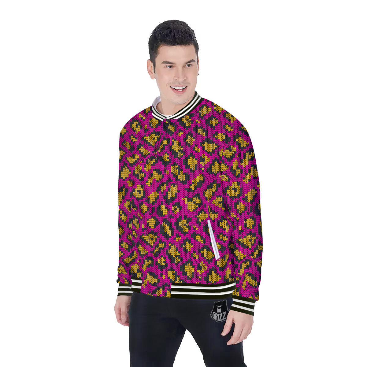 Knitted Wild Pink Leopard Print Pattern Baseball Jacket-grizzshop