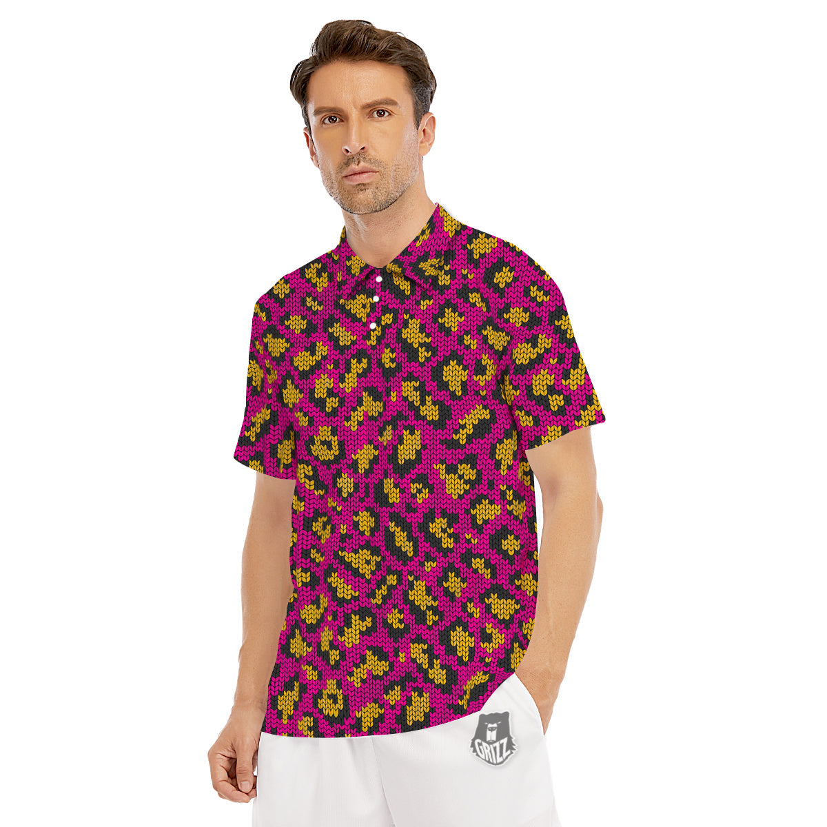 Knitted Wild Pink Leopard Print Pattern Men's Golf Shirts-grizzshop