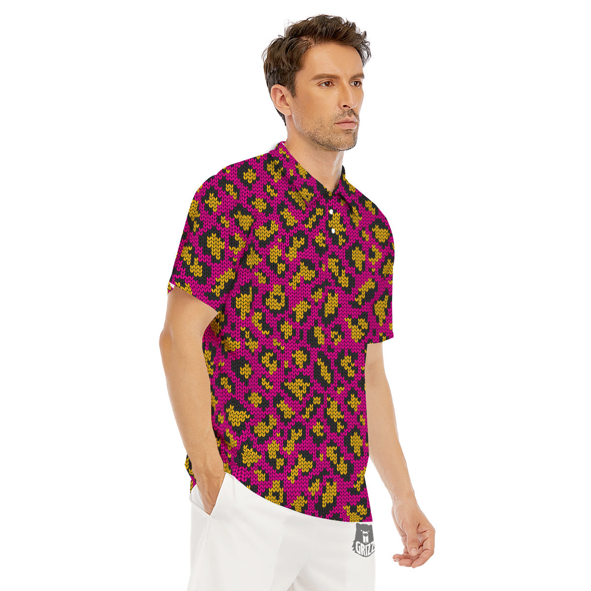 Knitted Wild Pink Leopard Print Pattern Men's Golf Shirts-grizzshop