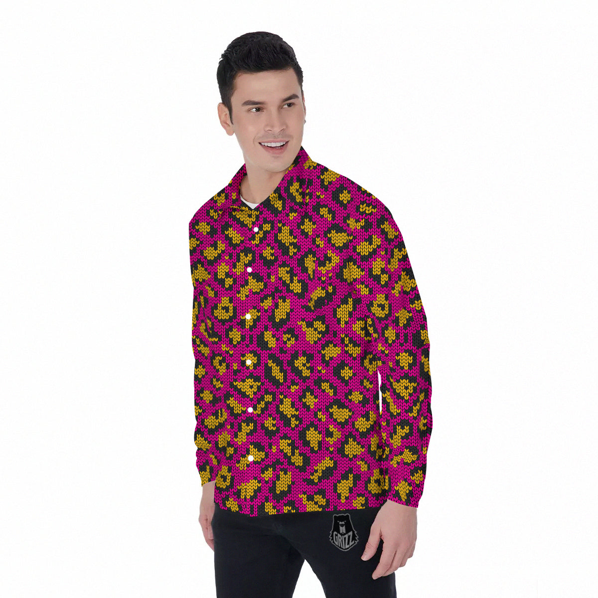 Knitted Wild Pink Leopard Print Pattern Men's Long Sleeve Shirts-grizzshop