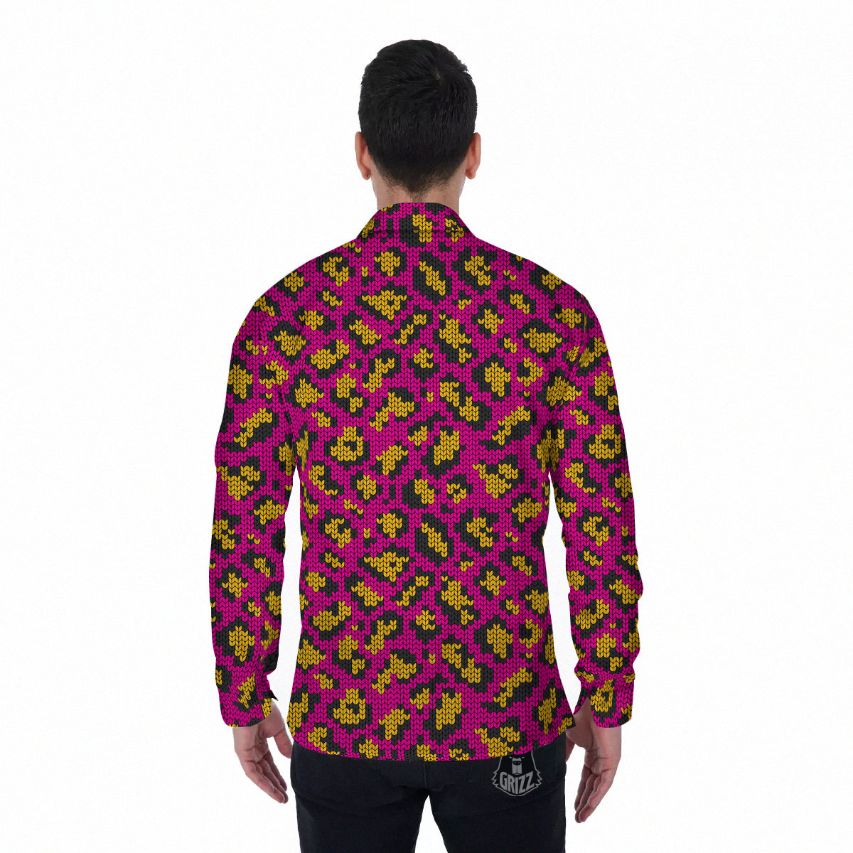 Knitted Wild Pink Leopard Print Pattern Men's Long Sleeve Shirts-grizzshop