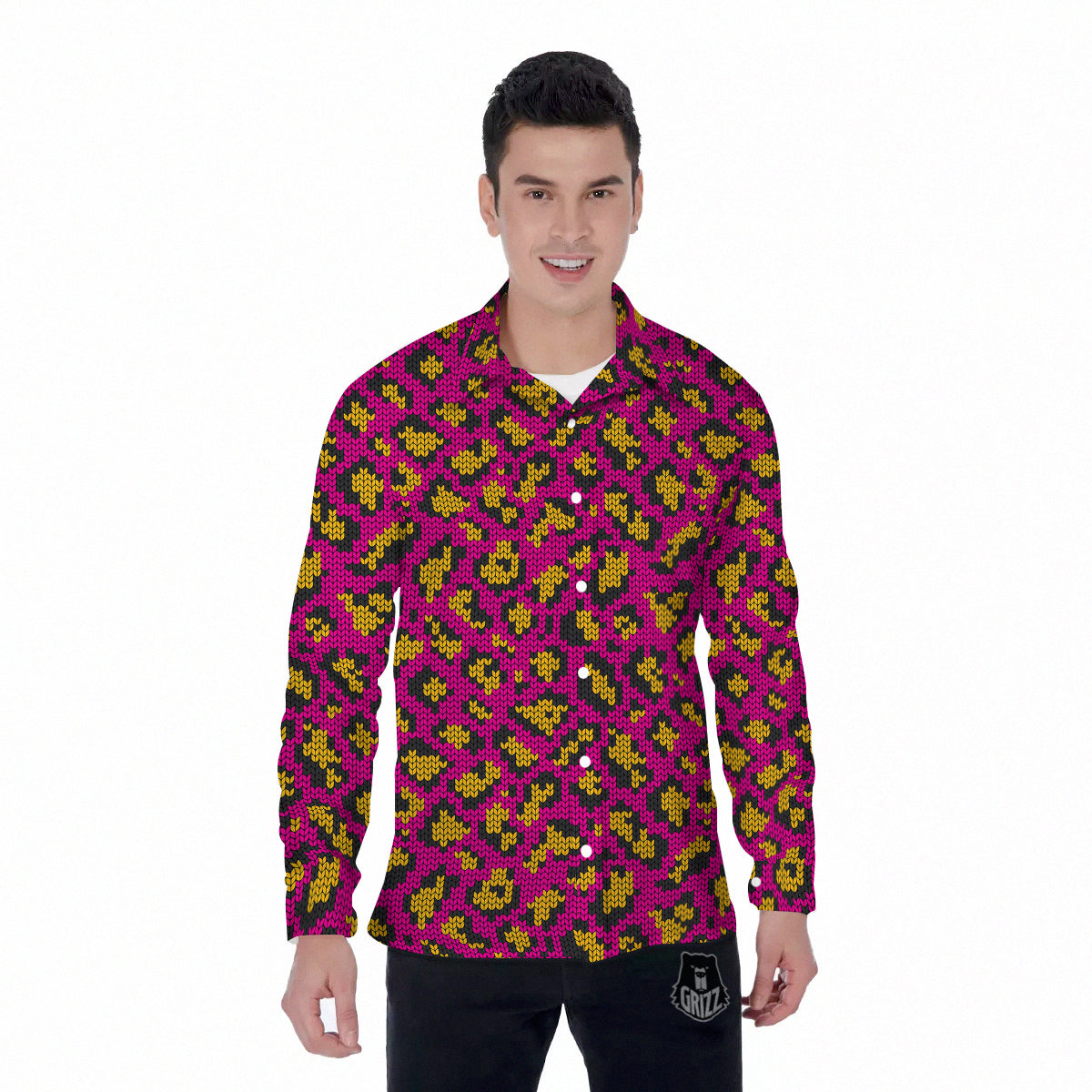 Knitted Wild Pink Leopard Print Pattern Men's Long Sleeve Shirts-grizzshop