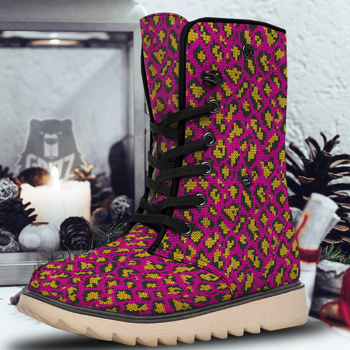 Knitted Wild Pink Leopard Print Pattern Snow Boots-grizzshop