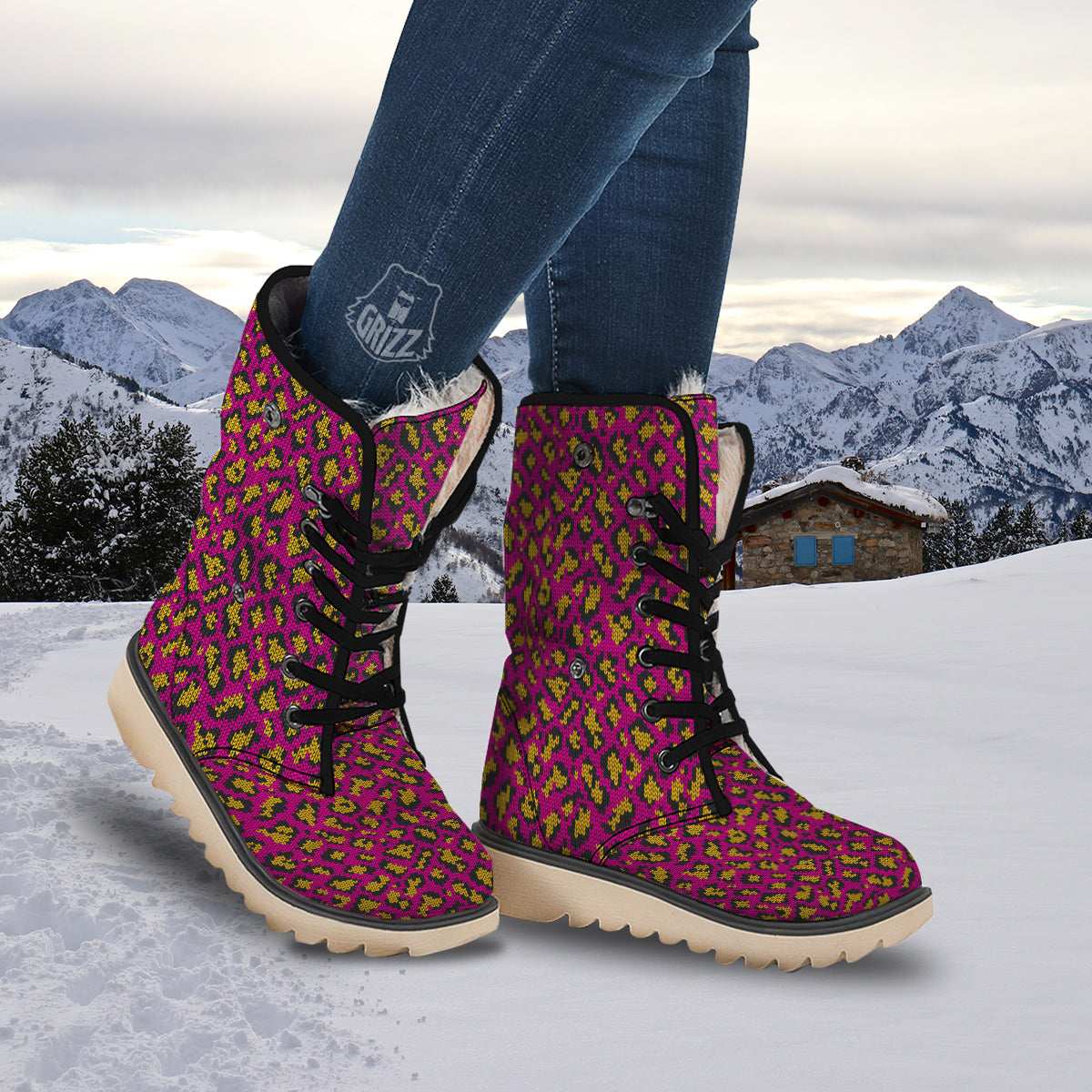 Knitted Wild Pink Leopard Print Pattern Snow Boots-grizzshop