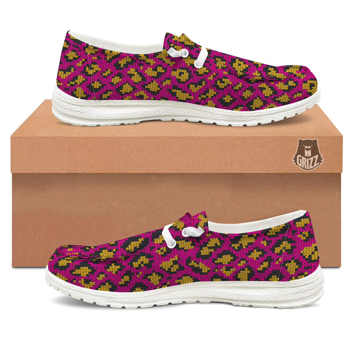Knitted Wild Pink Leopard Print Pattern White Loafers-grizzshop