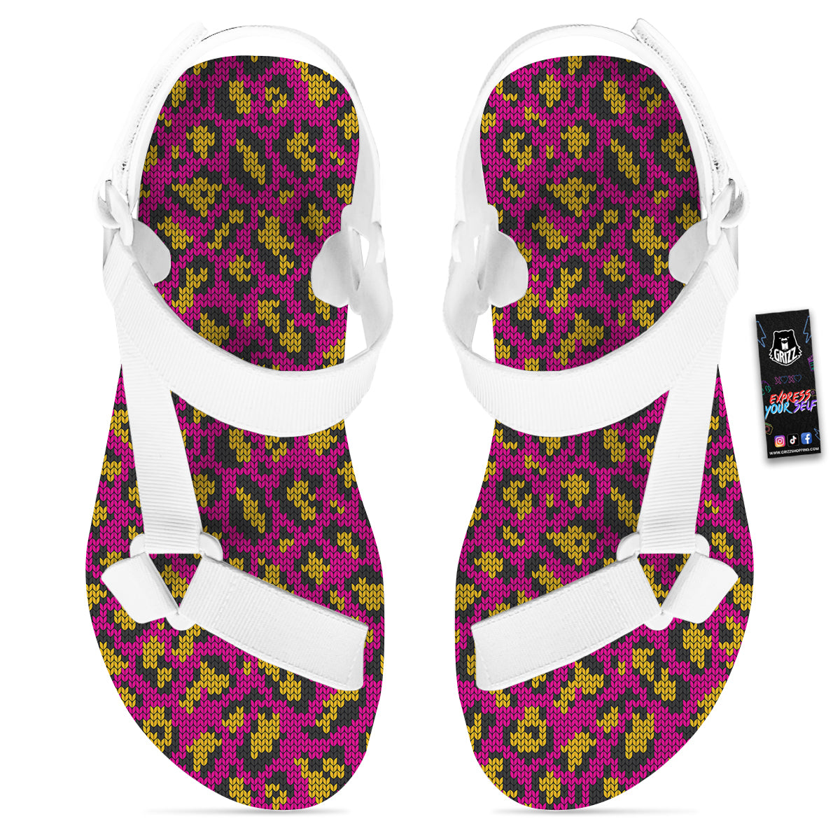 Knitted Wild Pink Leopard Print Pattern White Open Toe Sandals-grizzshop