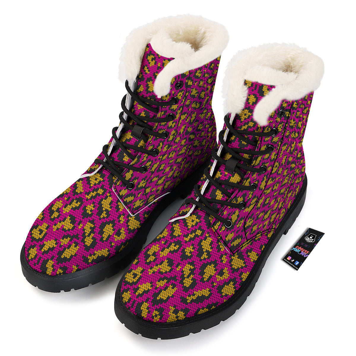 Knitted Wild Pink Leopard Print Pattern Winter Boots-grizzshop