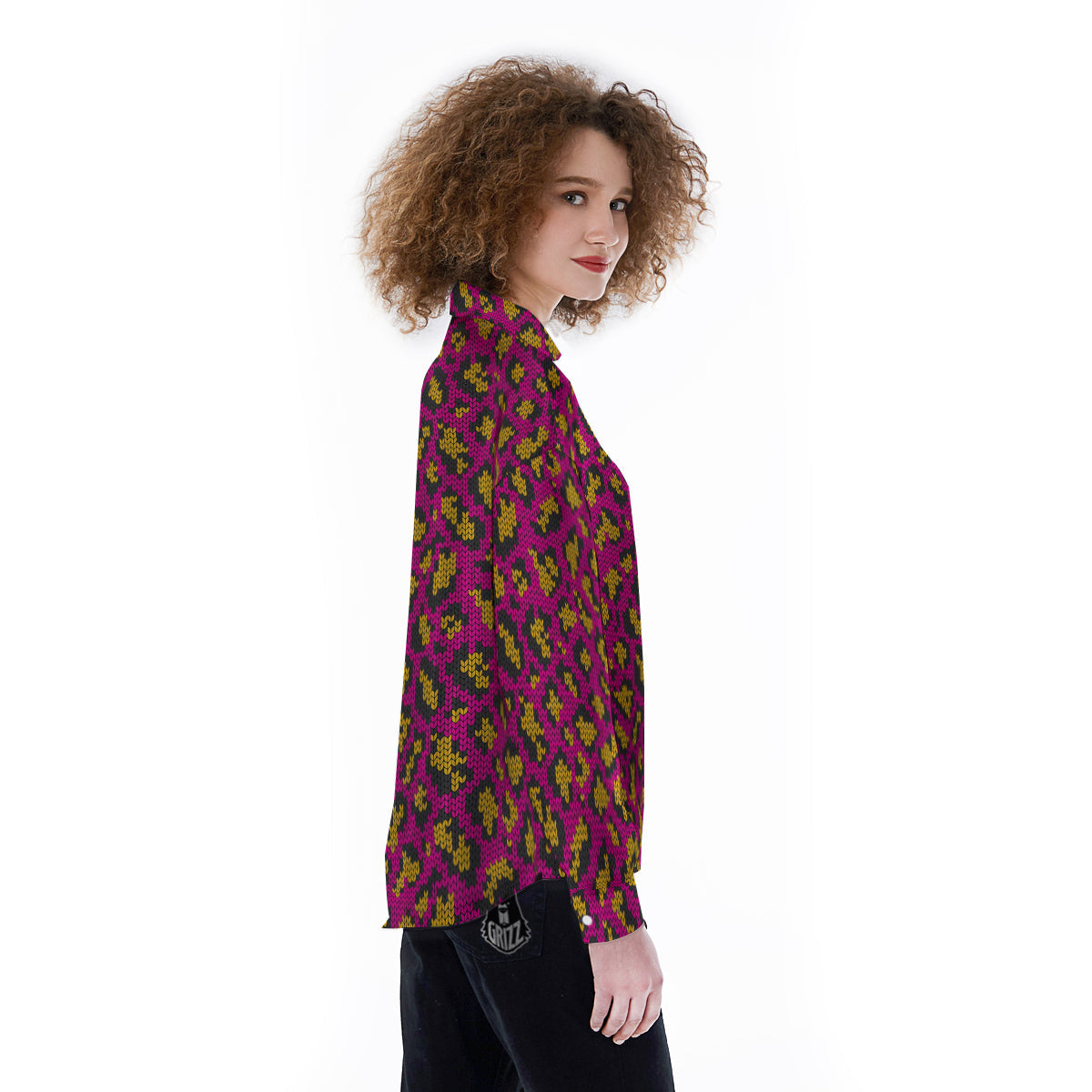 Knitted Wild Pink Leopard Print Pattern Women's Long Sleeve Shirts-grizzshop