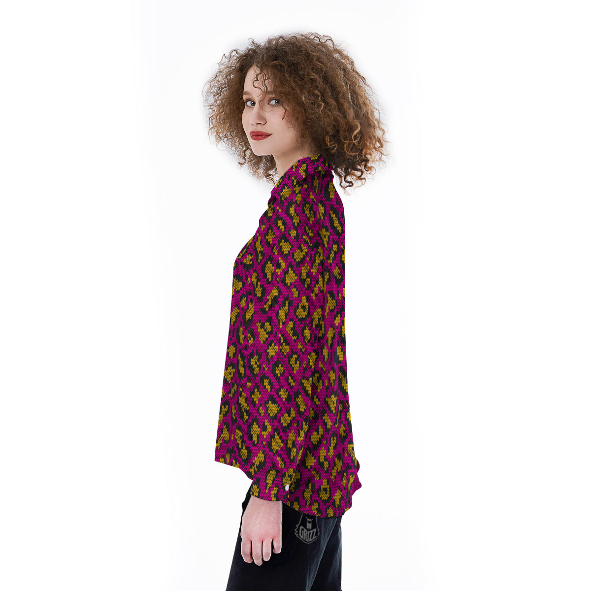 Knitted Wild Pink Leopard Print Pattern Women's Long Sleeve Shirts-grizzshop