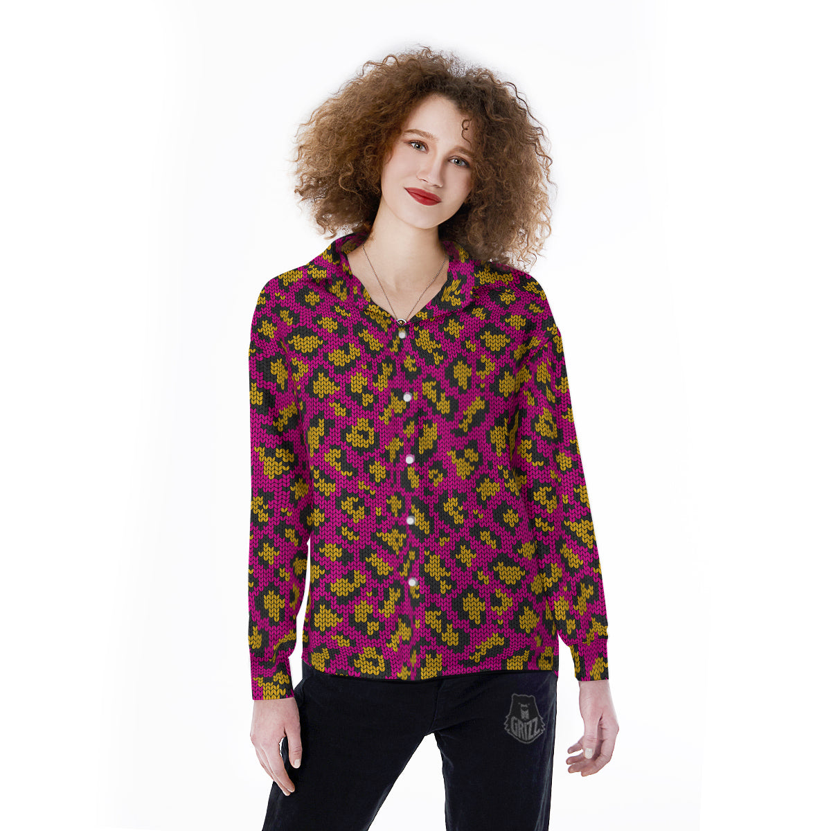 Knitted Wild Pink Leopard Print Pattern Women's Long Sleeve Shirts-grizzshop