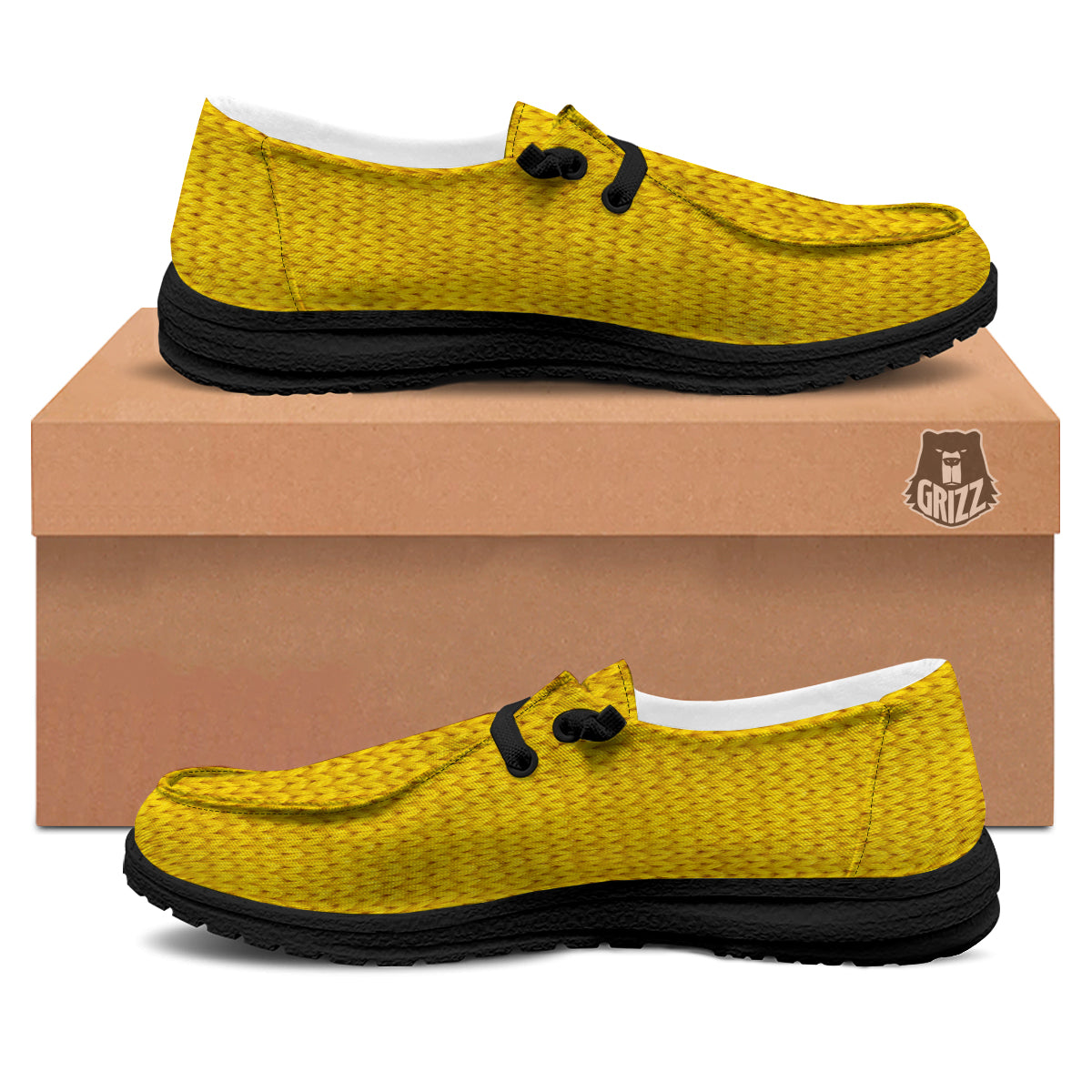 Knitted Yellow Print Pattern Black Loafers-grizzshop