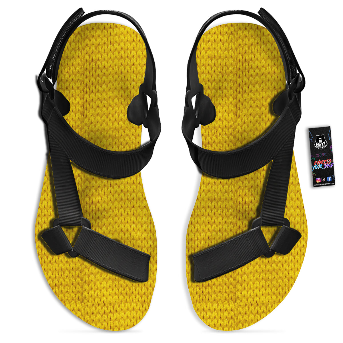 Knitted Yellow Print Pattern Black Open Toe Sandals-grizzshop