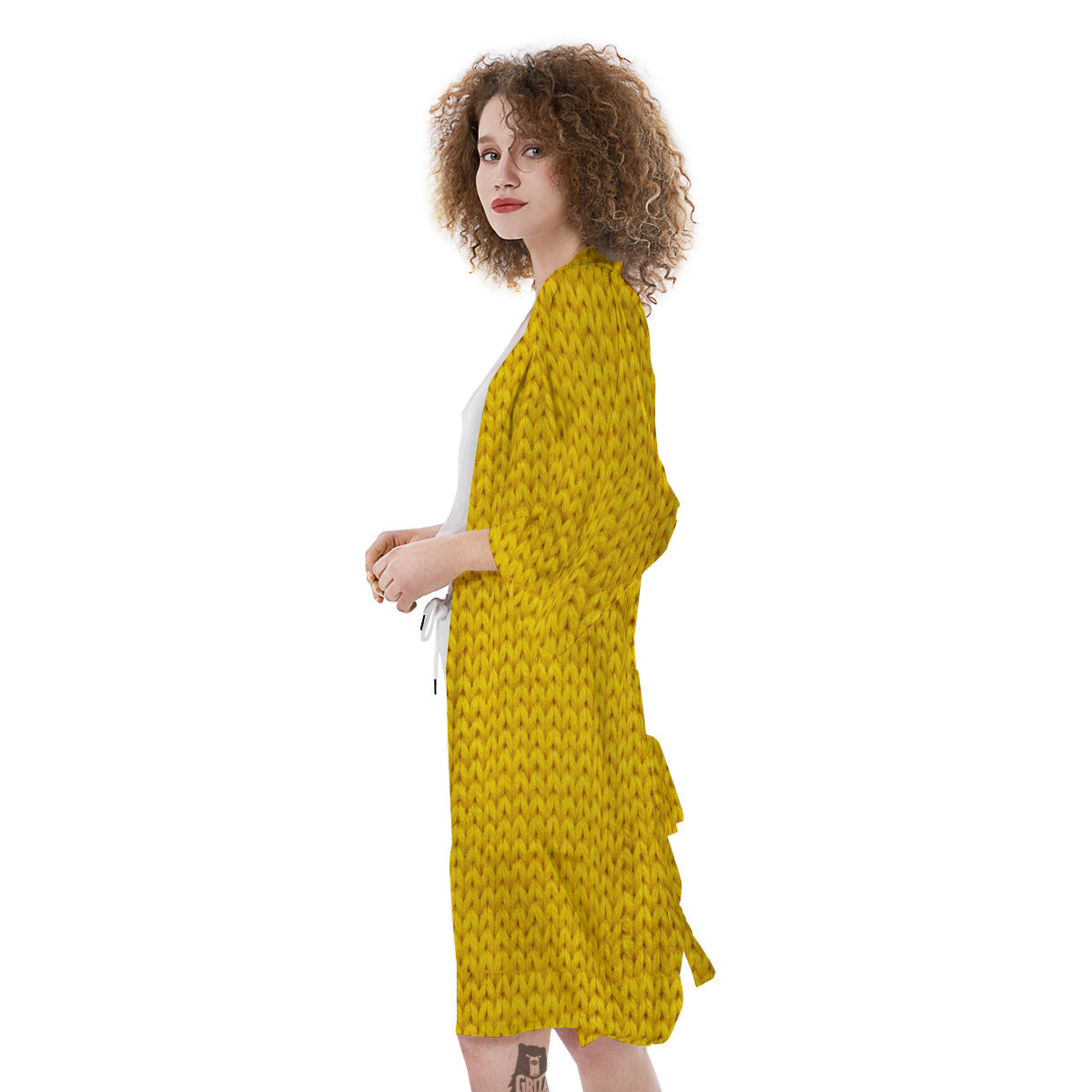 Knitted Yellow Print Pattern Kimono-grizzshop