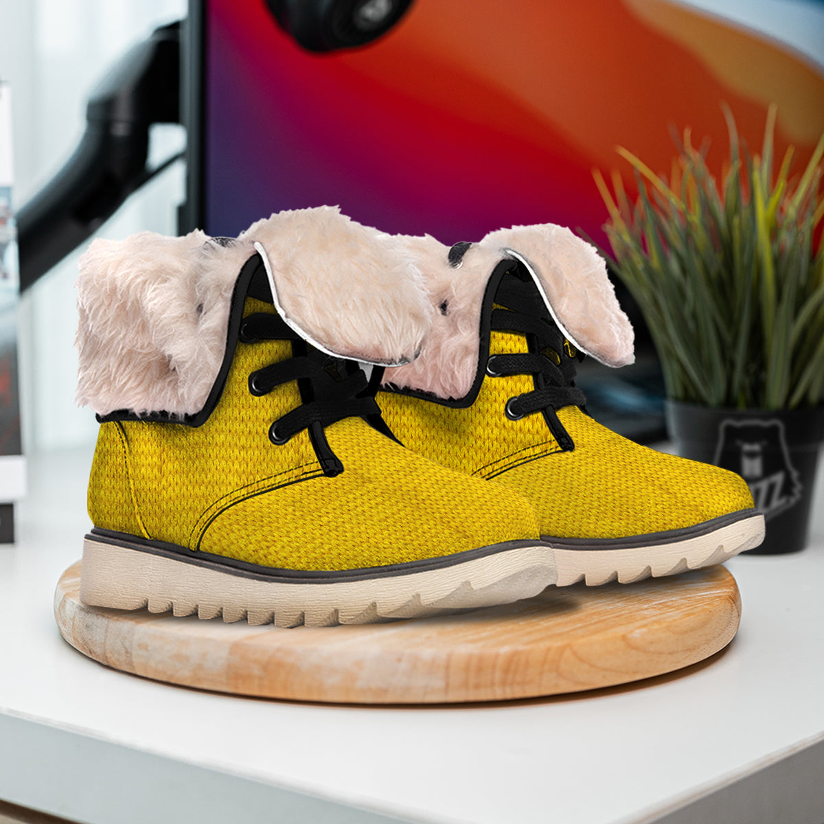 Knitted Yellow Print Pattern Snow Boots-grizzshop
