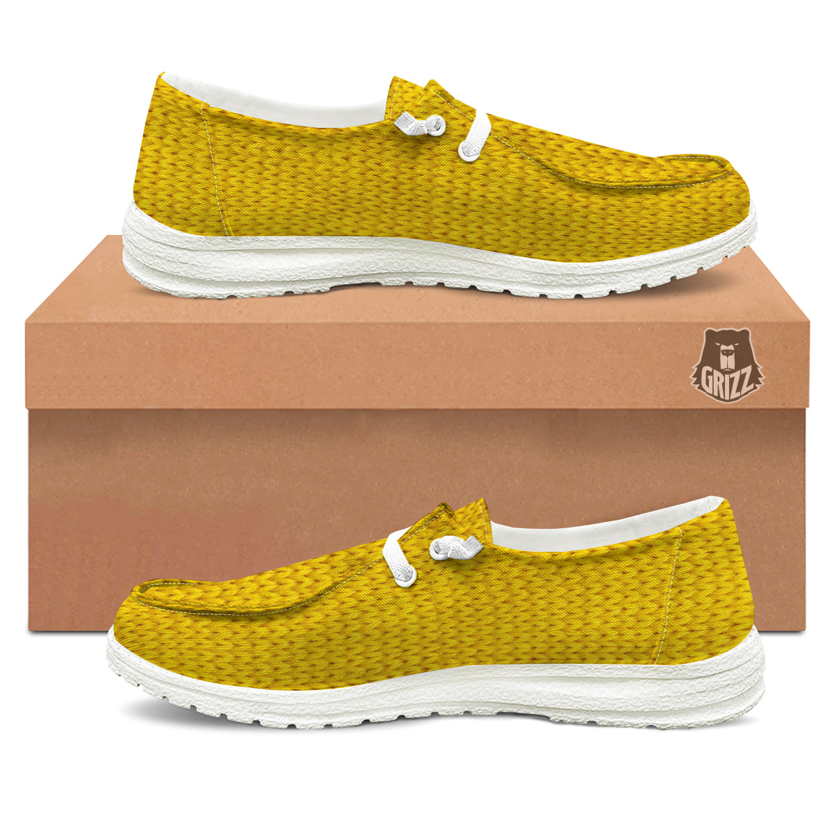 Knitted Yellow Print Pattern White Loafers-grizzshop