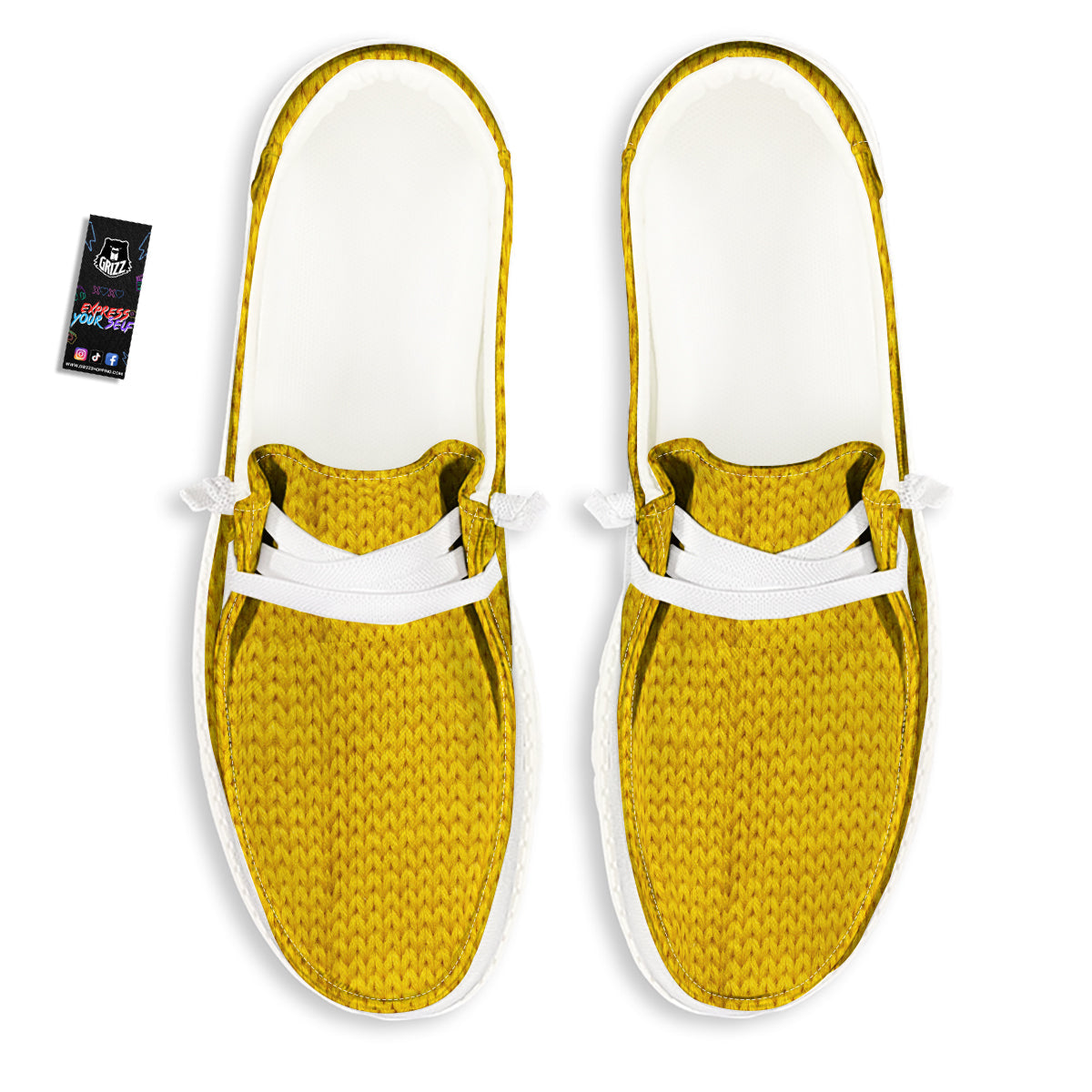 Knitted Yellow Print Pattern White Loafers-grizzshop