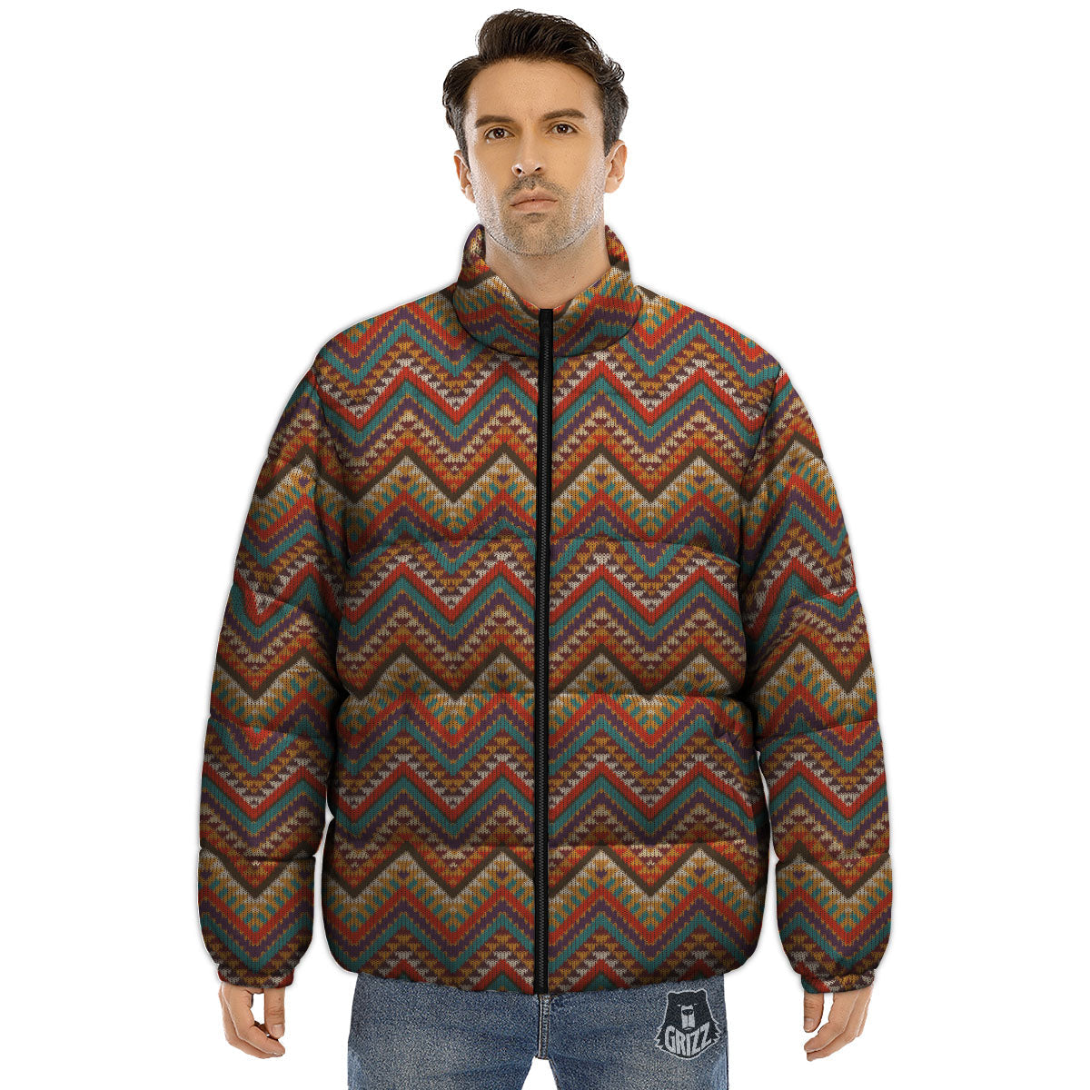 Knitted Zigzag Print Pattern Puffer Jacket-grizzshop
