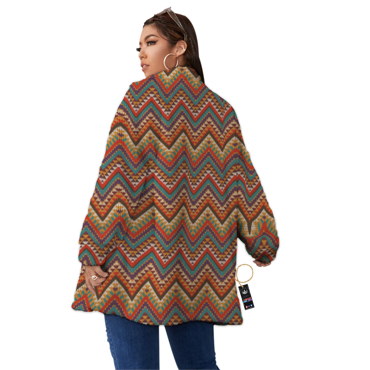 Knitted Zigzag Print Pattern Women's Sherpa Jacket-grizzshop