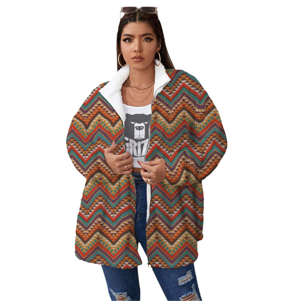 Knitted Zigzag Print Pattern Women's Sherpa Jacket-grizzshop