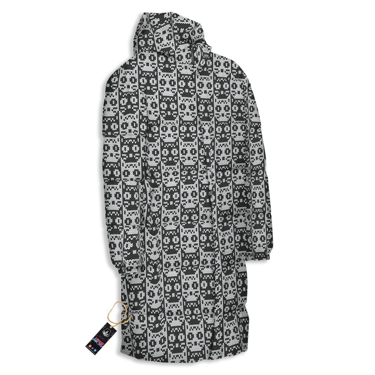 Knitted Black Cat Print Pattern Long Down Jacket