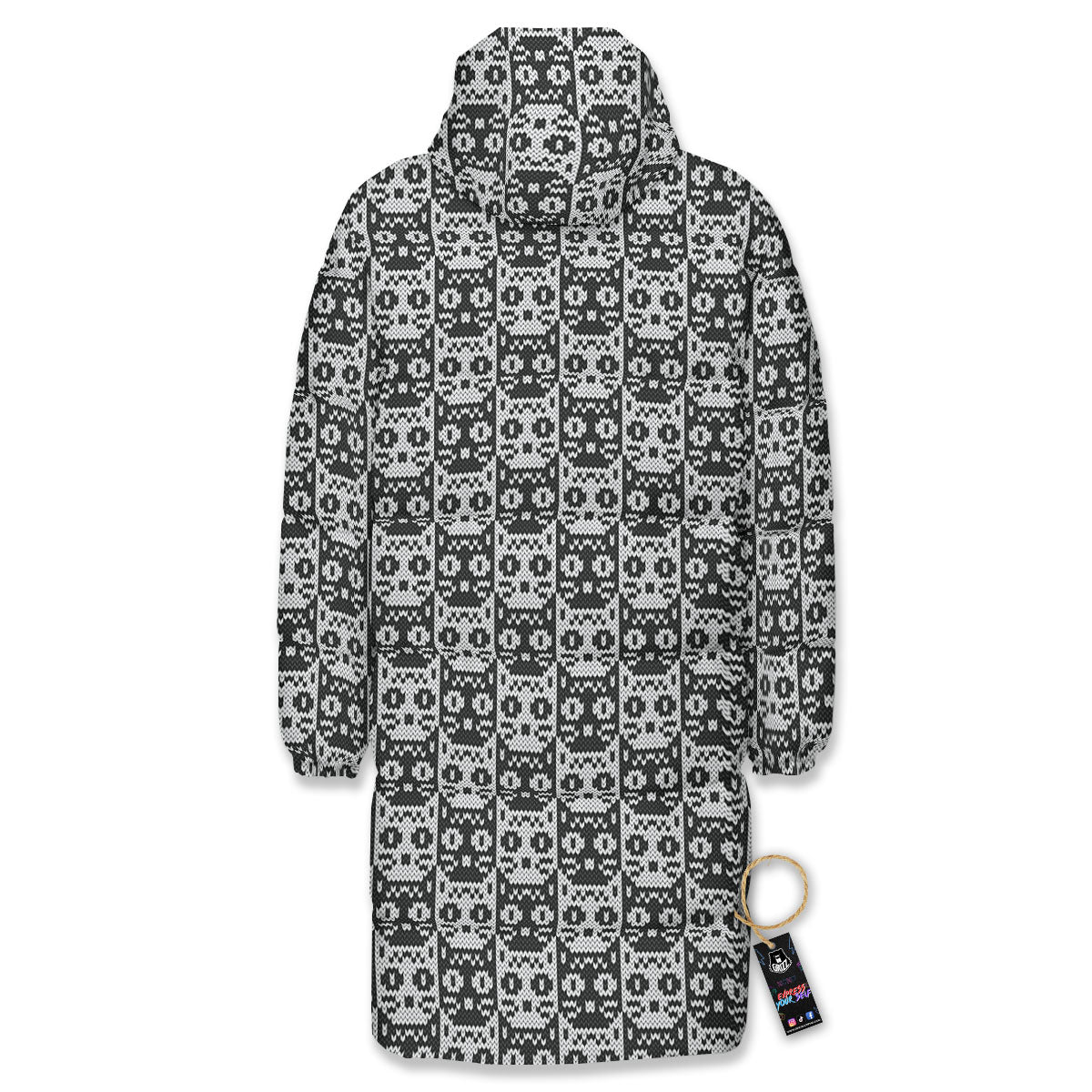 Knitted Black Cat Print Pattern Long Down Jacket