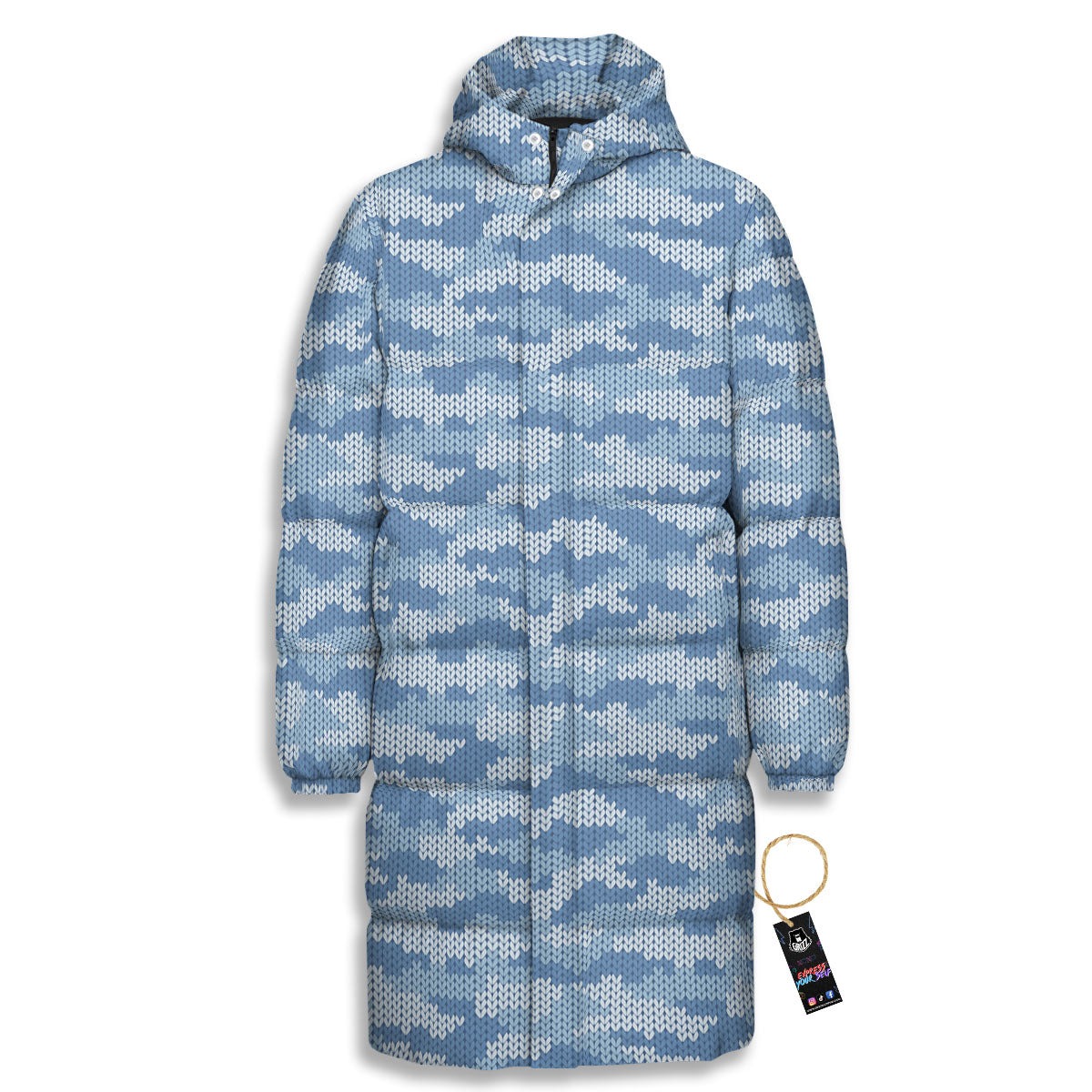 Knitted Blue Camouflage Print Pattern Long Down Jacket