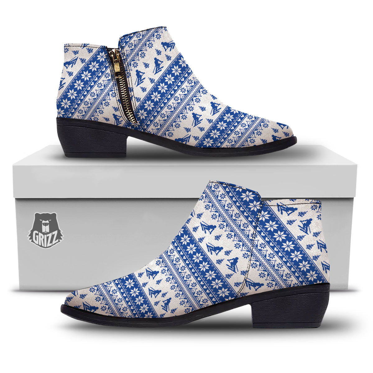 Knitting Winter Ski Print Pattern Ankle Boots-grizzshop