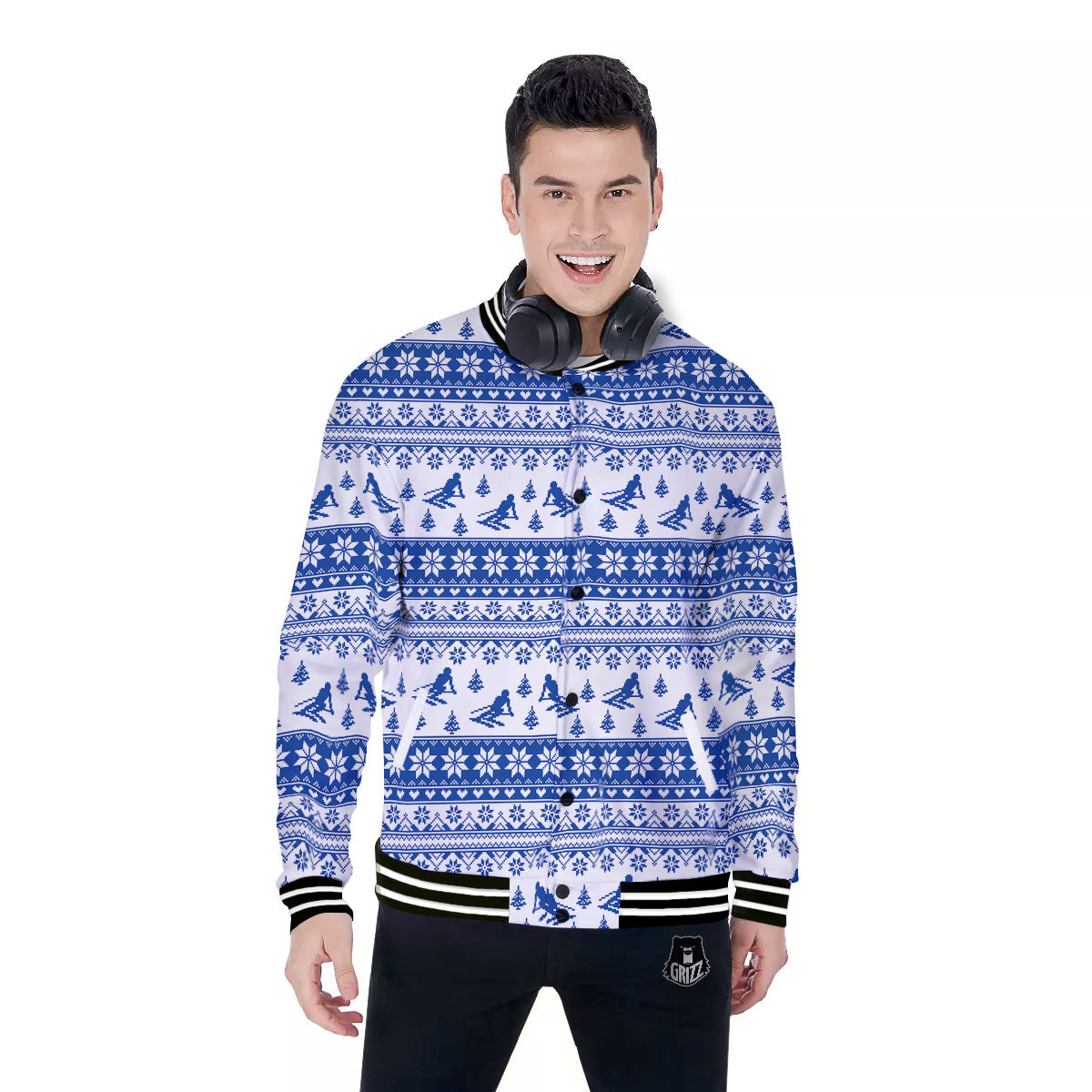 Knitting Winter Ski Print Pattern Baseball Jacket-grizzshop