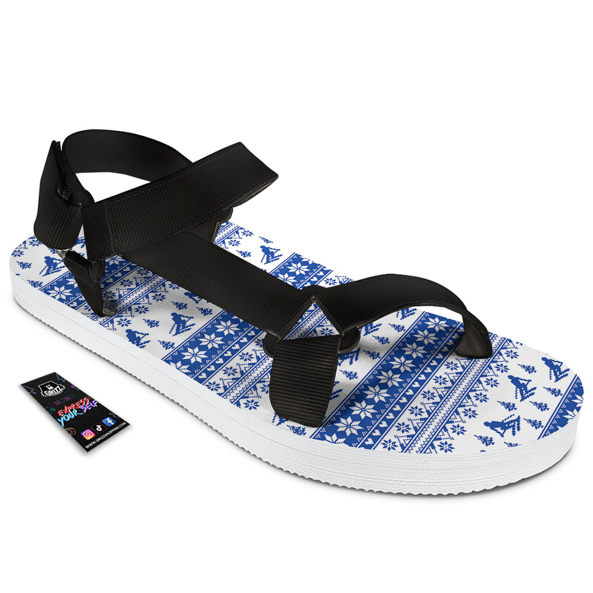 Knitting Winter Ski Print Pattern Black Open Toe Sandals-grizzshop