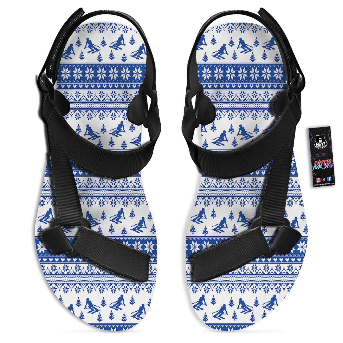 Knitting Winter Ski Print Pattern Black Open Toe Sandals-grizzshop